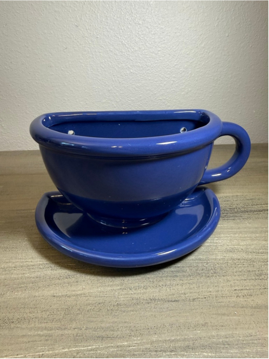 Unbranded Other - Cup & Saucer Ceramic Wall Pocket/Planter Cobalt Blue Hanging/Drain Holes